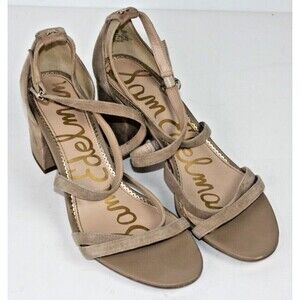 Sam Edelman Strappy Tan Camel Suede Block Mid-Heeled Dress Sandals Womens sz 10M